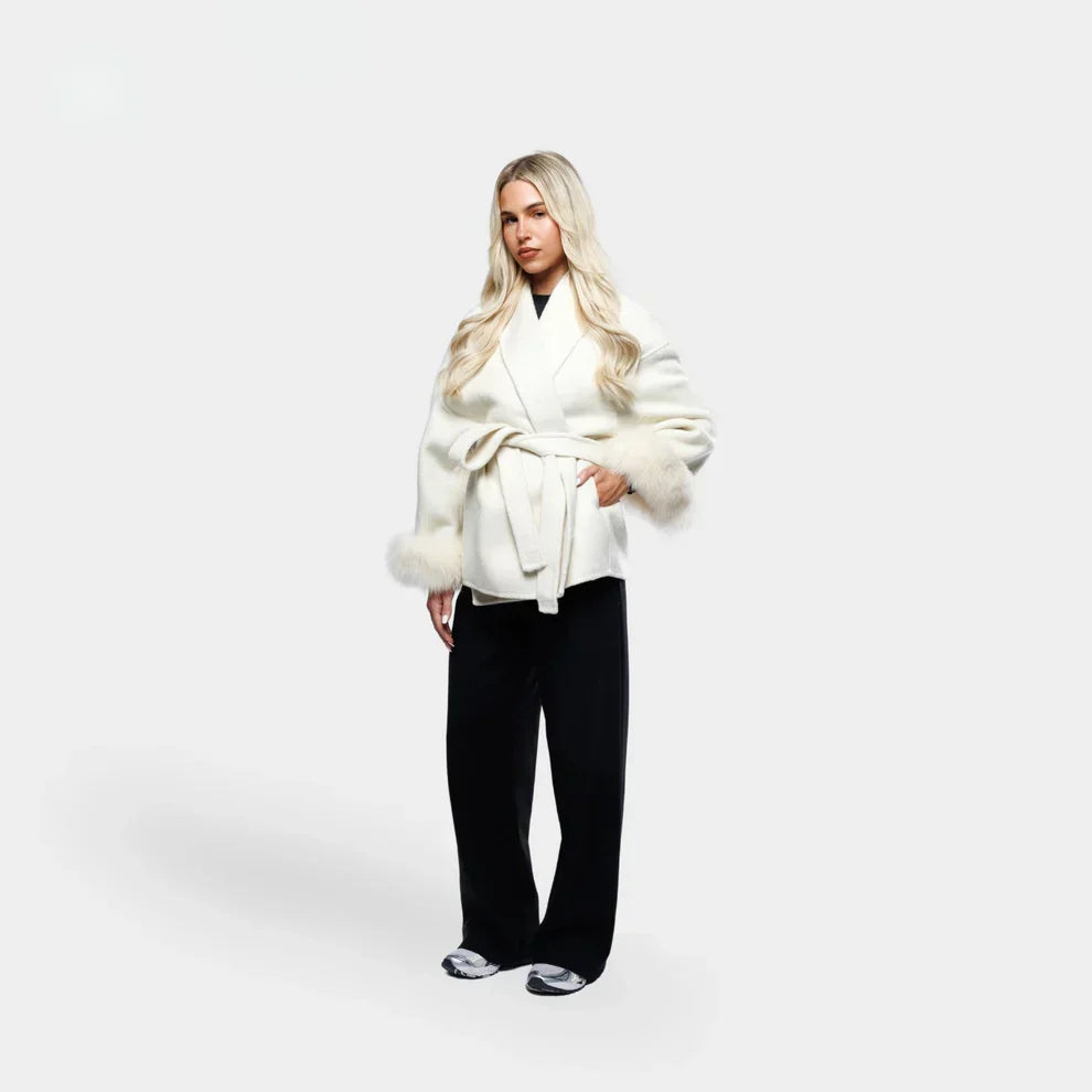 Women's Short Wrap Coat With Faux Fur Cuffs