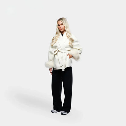 Women's Short Wrap Coat With Faux Fur Cuffs