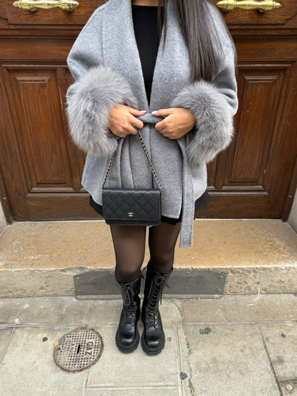 Women's Short Wrap Coat With Faux Fur Cuffs