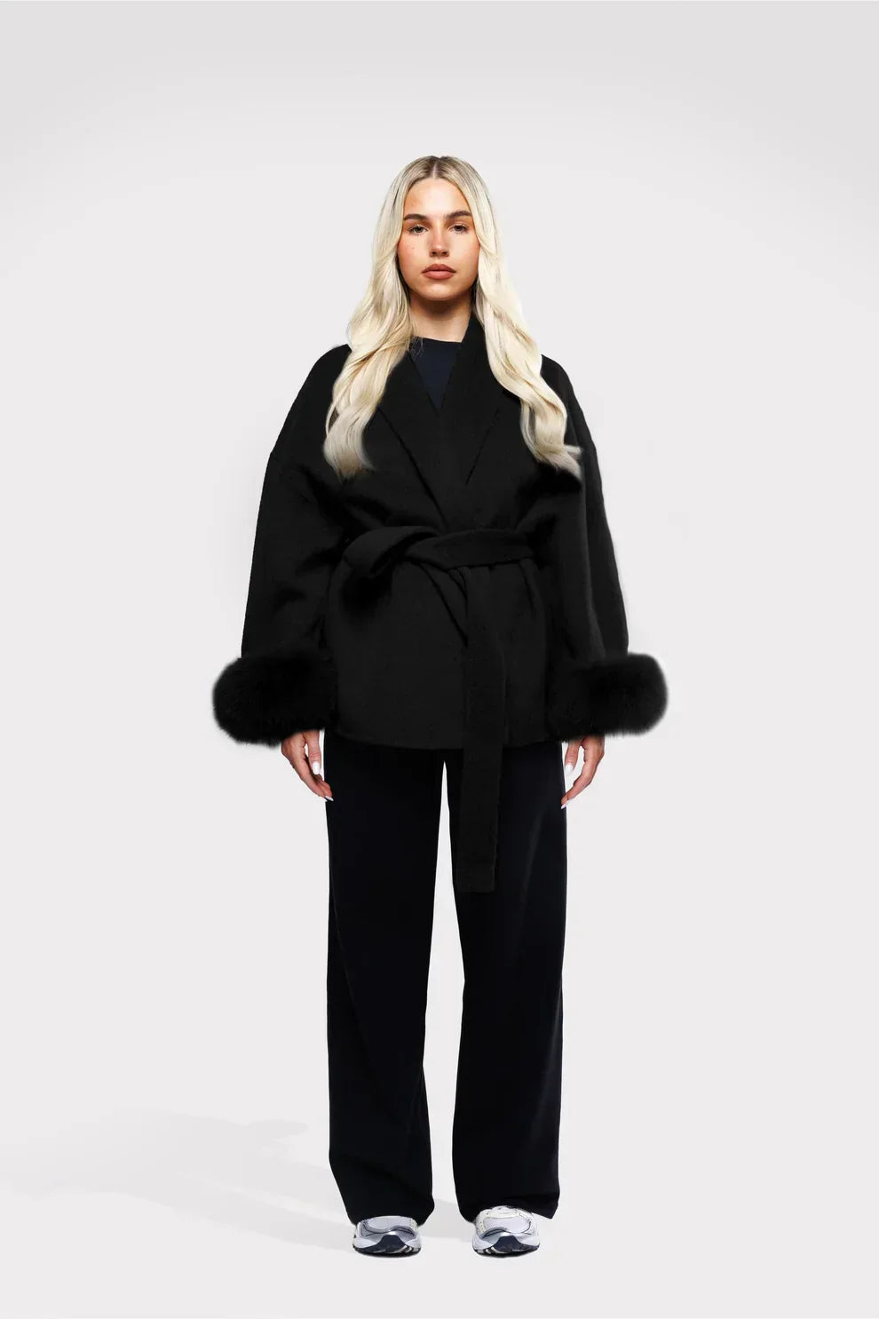 Women's Short Wrap Coat With Faux Fur Cuffs