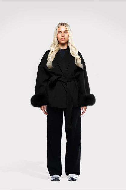 Women's Short Wrap Coat With Faux Fur Cuffs