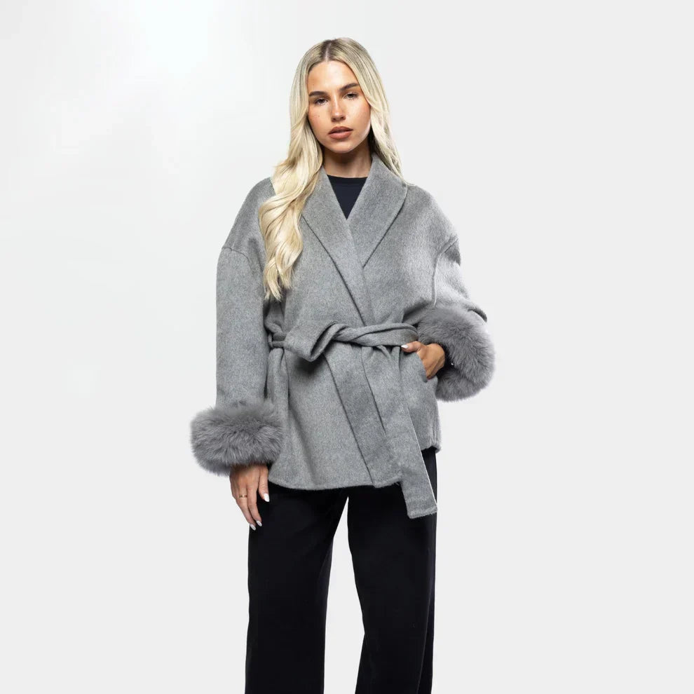 Women's Short Wrap Coat With Faux Fur Cuffs
