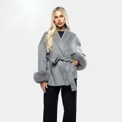 Women's Short Wrap Coat With Faux Fur Cuffs