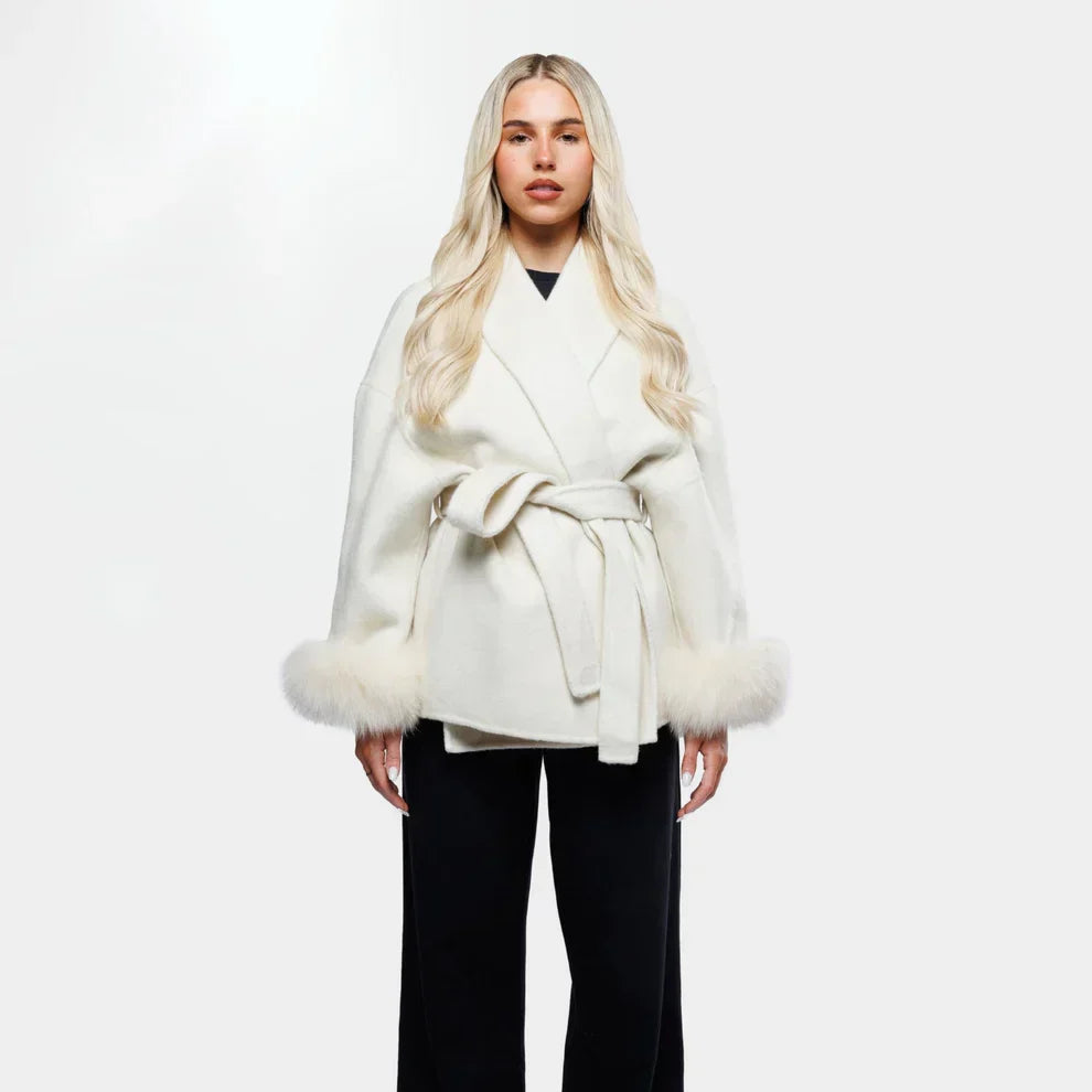 Women's Short Wrap Coat With Faux Fur Cuffs