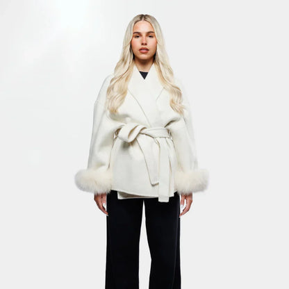 Women's Short Wrap Coat With Faux Fur Cuffs