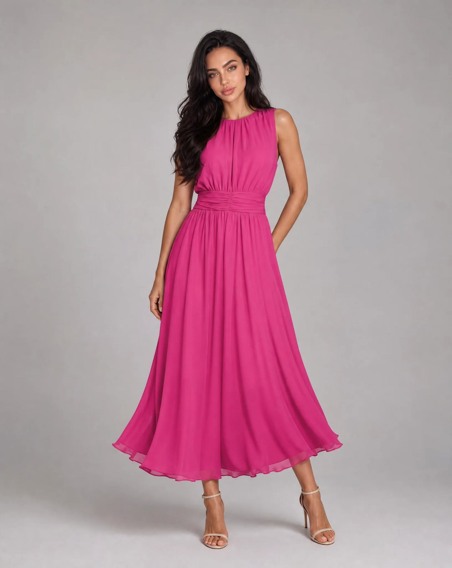 Women's dark pink sleeveless chiffon maxi dress with flowing skirt and elegant occasion style by ILYNORA