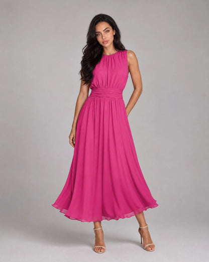Women's dark pink sleeveless chiffon maxi dress with flowing skirt and elegant occasion style by ILYNORA
