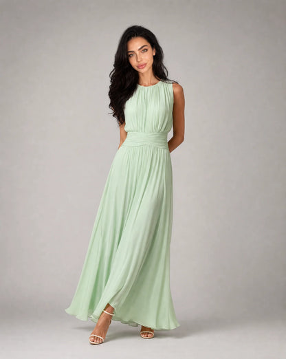 Women's light green sleeveless chiffon maxi dress with graceful drape and flattering fit by ILYNORA