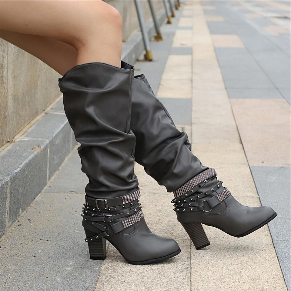 Women's Slouchy Knee High Boots with Studded Ankle Straps