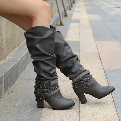 Women's Slouchy Knee High Boots with Studded Ankle Straps