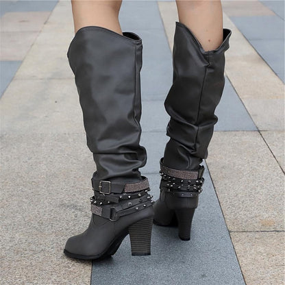 Women's Slouchy Knee High Boots with Studded Ankle Straps