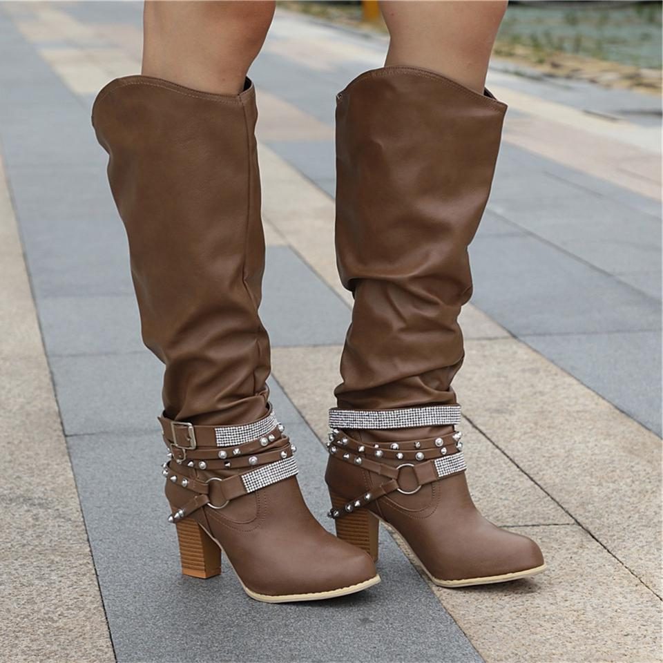 Women's Slouchy Knee High Boots with Studded Ankle Straps
