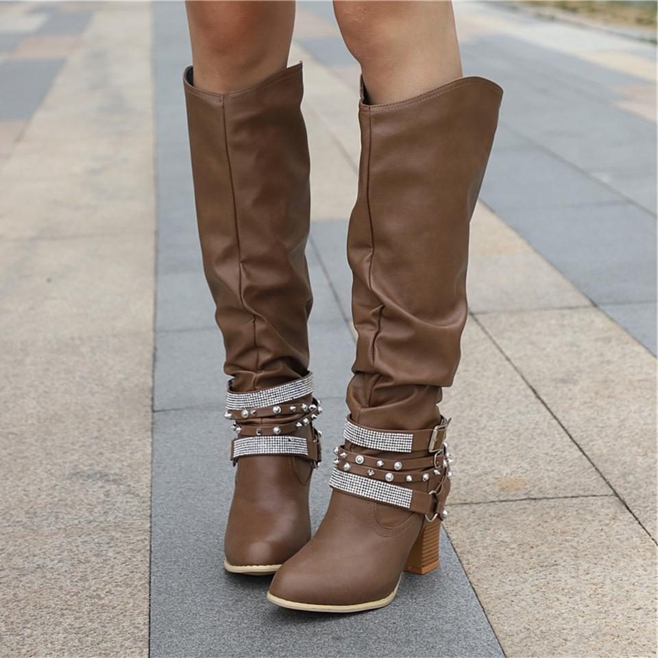 Women's Slouchy Knee High Boots with Studded Ankle Straps
