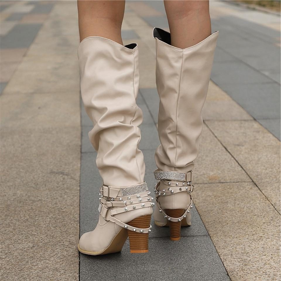 Women's Slouchy Knee High Boots with Studded Ankle Straps
