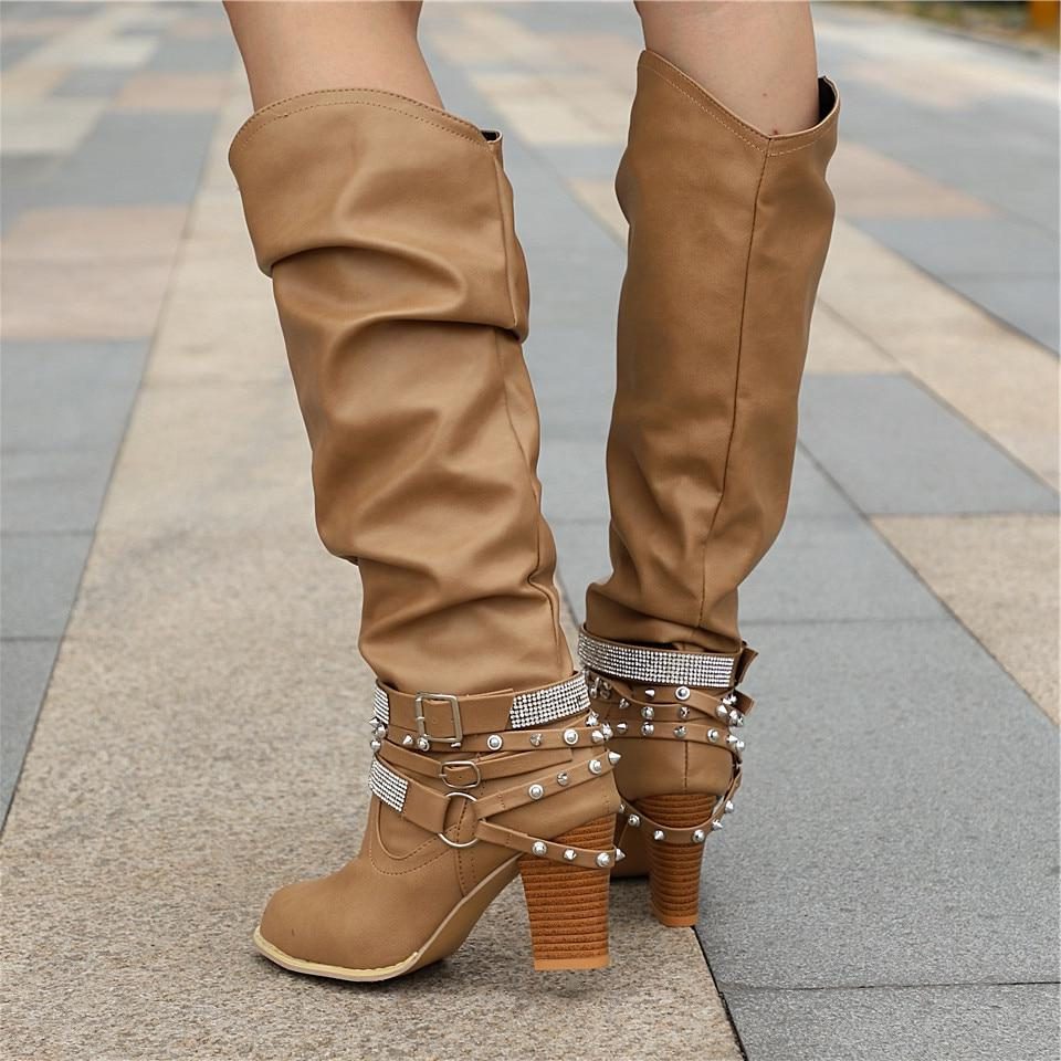Women's Slouchy Knee High Boots with Studded Ankle Straps