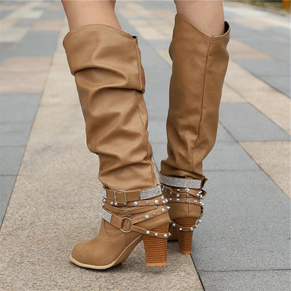 Women's Slouchy Knee High Boots with Studded Ankle Straps