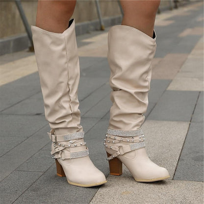 Women's Slouchy Knee High Boots with Studded Ankle Straps