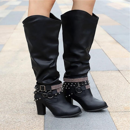 Women's Slouchy Knee High Boots with Studded Ankle Straps