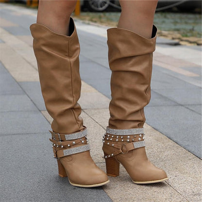 Women's Slouchy Knee High Boots with Studded Ankle Straps