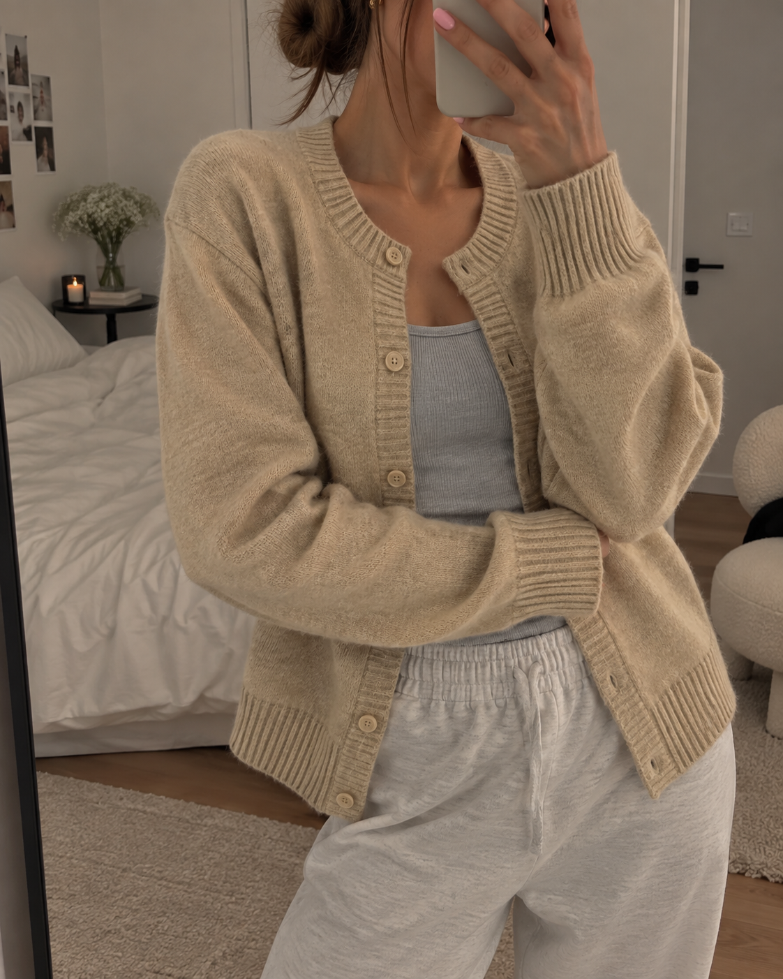 Women's Soft Knit V Neck Cardigan with Ribbed Cuffs