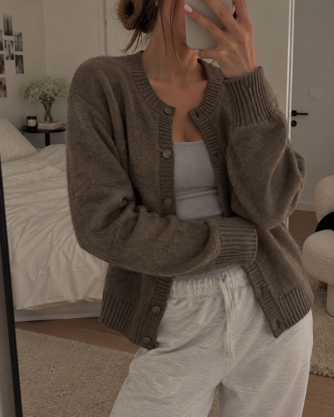 Women's Soft Knit V Neck Cardigan with Ribbed Cuffs