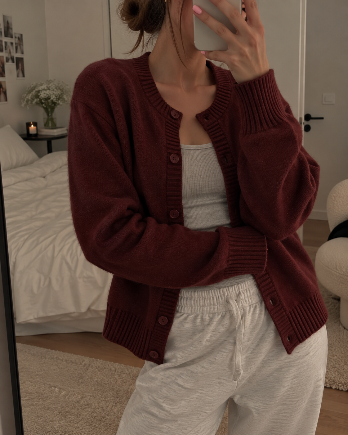 Women's Soft Knit V Neck Cardigan with Ribbed Cuffs