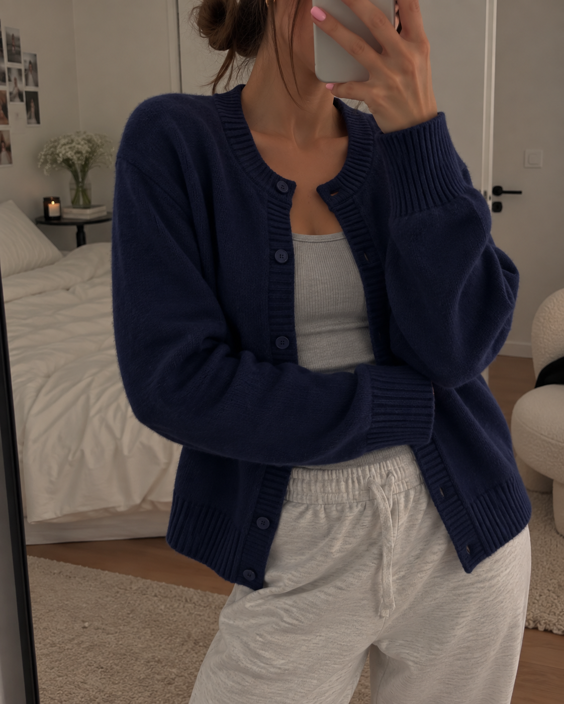 Women's Soft Knit V Neck Cardigan with Ribbed Cuffs