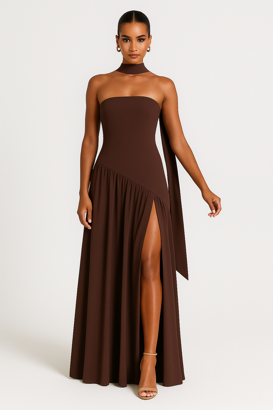 Women's Strapless High Slit Asymmetric Maxi Dress