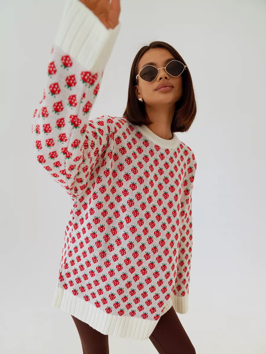 Women's Strawberry Print Knit Crew Neck Jumper