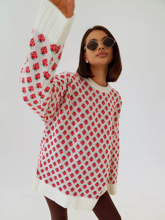 Women's Strawberry Print Knit Crew Neck Jumper