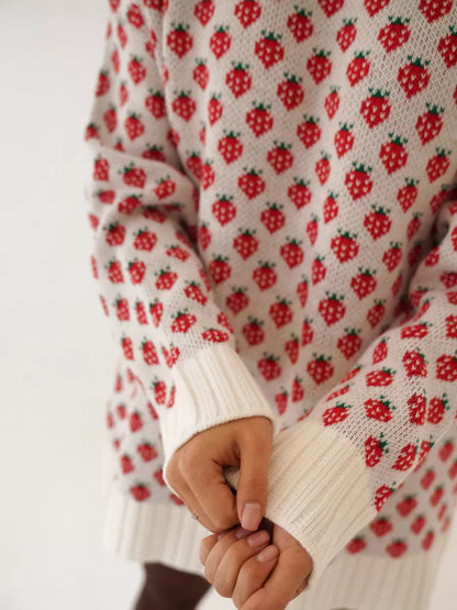 Women's Strawberry Print Knit Crew Neck Jumper