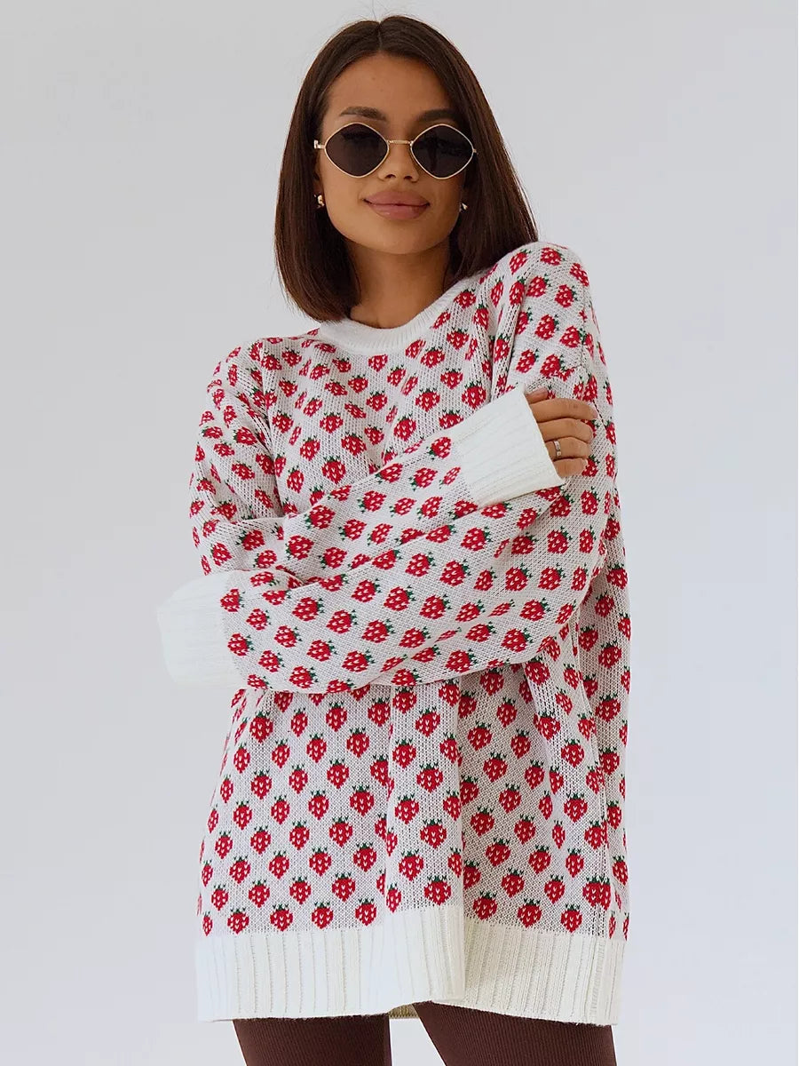 Women's Strawberry Print Knit Crew Neck Jumper