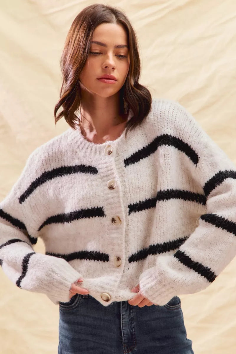 Women's Striped Button-Down Winter Cardigan