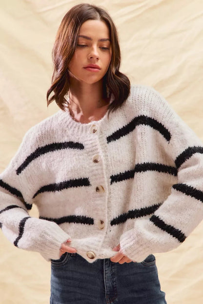 Women's Striped Button-Down Winter Cardigan