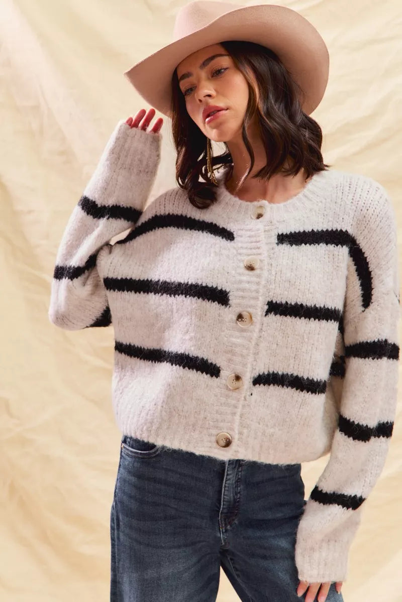 Women's Striped Button-Down Winter Cardigan