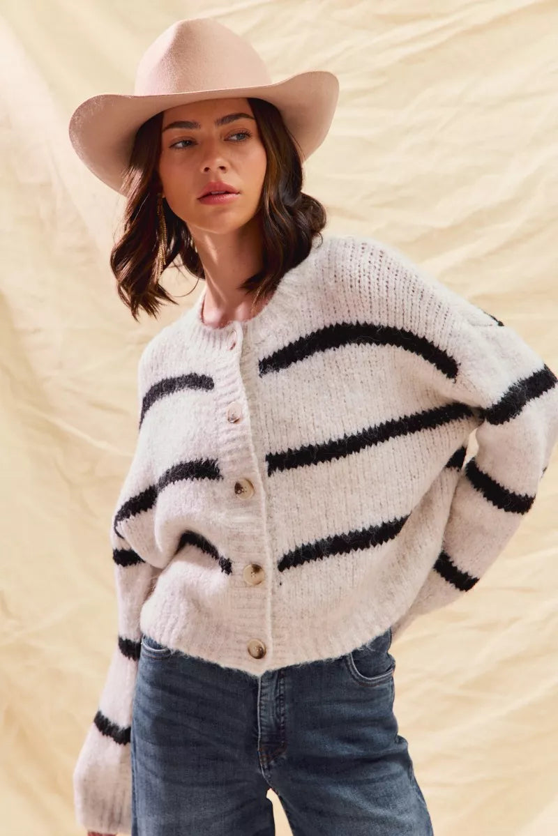 Women's Striped Button-Down Winter Cardigan