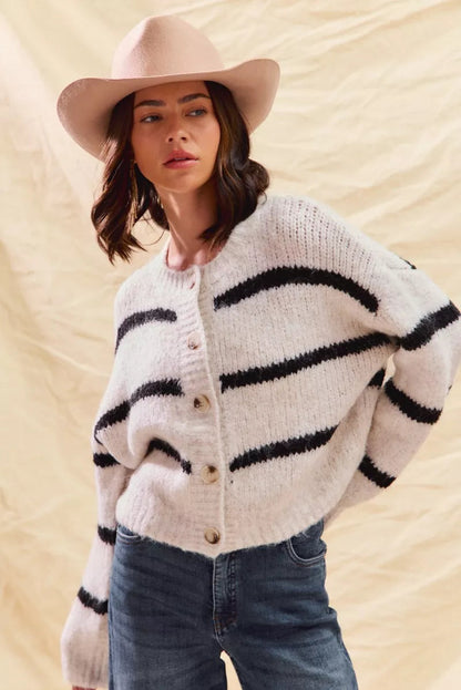 Women's Striped Button-Down Winter Cardigan