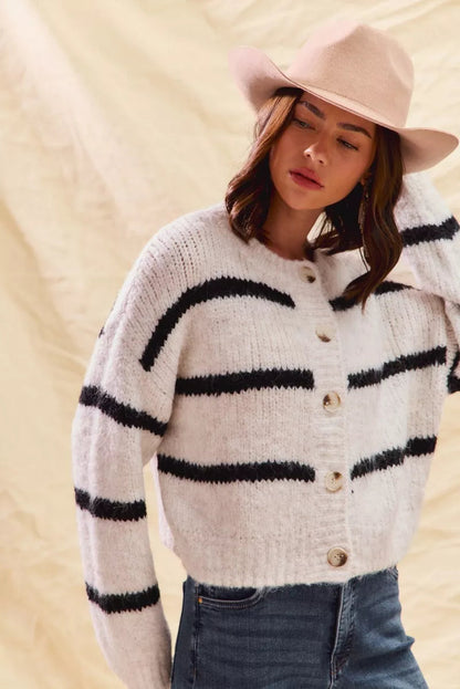 Women's Striped Button-Down Winter Cardigan