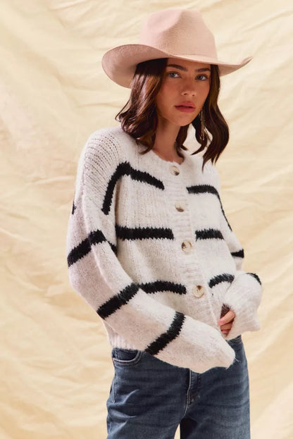 Women's Striped Button-Down Winter Cardigan