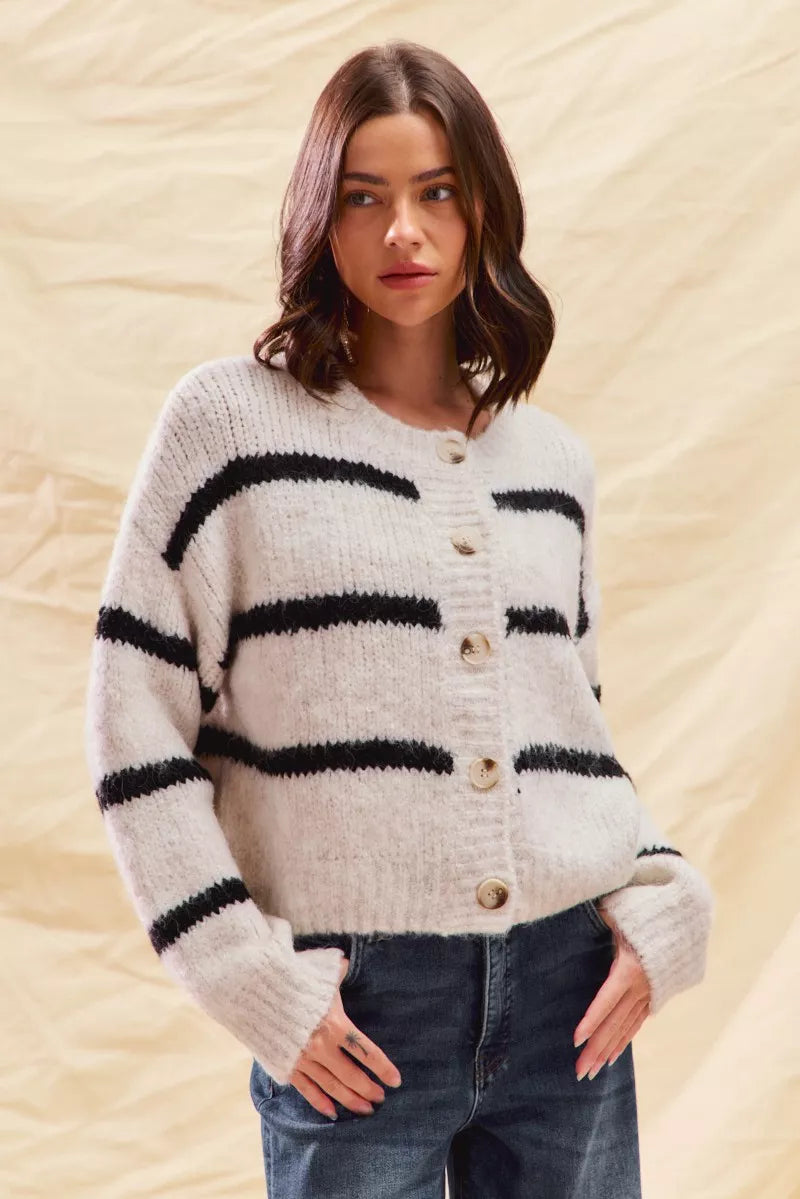 Women's Striped Button-Down Winter Cardigan