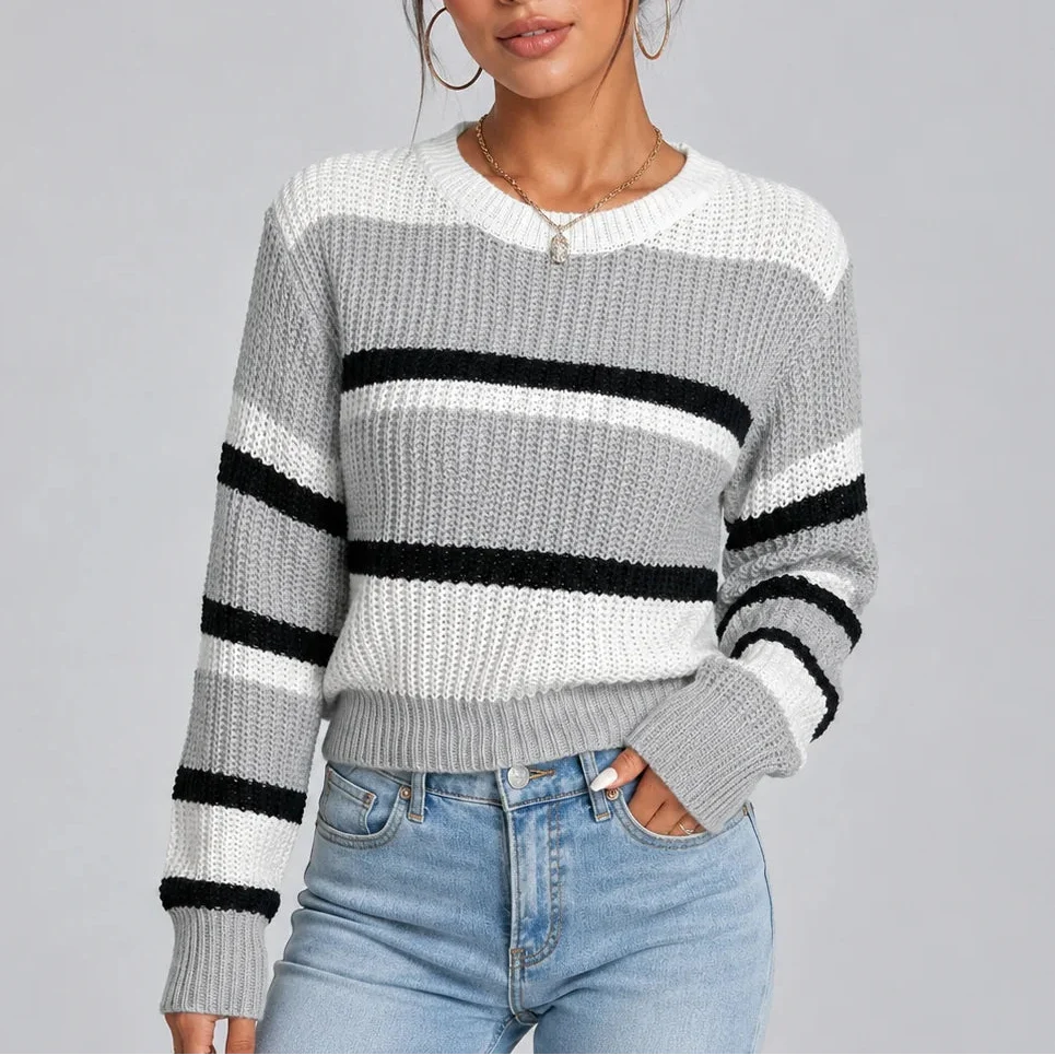 Women's Striped Crew Neck Knitted Jumper
