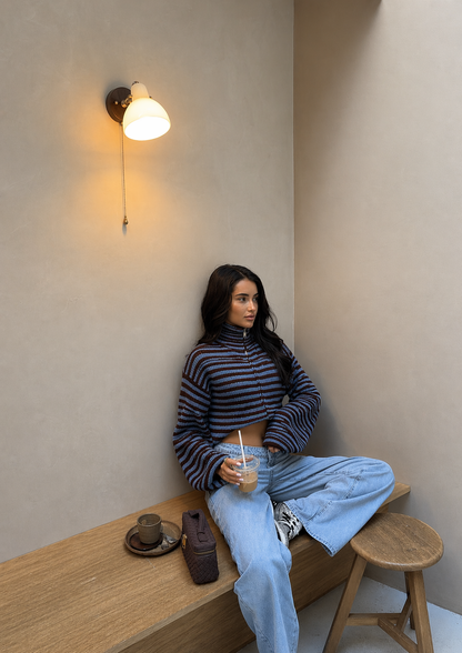 Women's Striped Cropped High Neck Zip Cardigan
