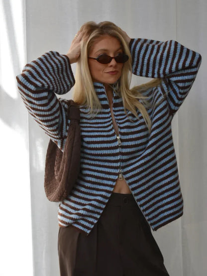 Women's Striped Cropped High Neck Zip Cardigan