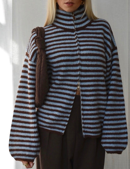 Women's Striped Cropped High Neck Zip Cardigan