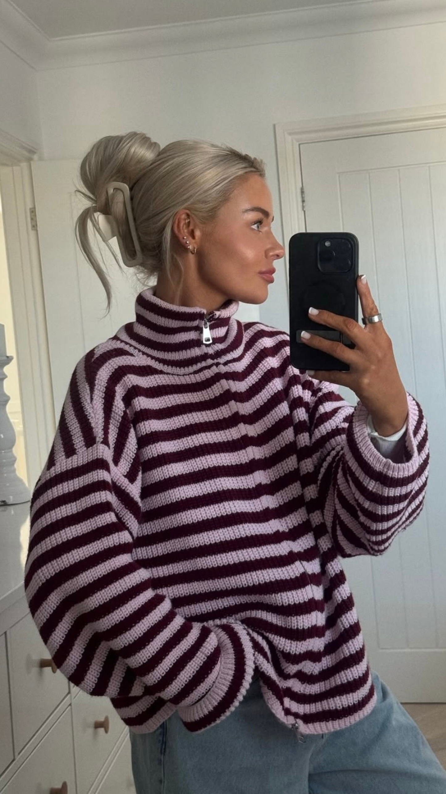 Women's Striped Knit Funnel Neck Zip Jacket