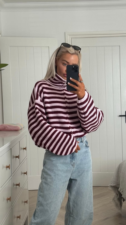 Women's Striped Knit Funnel Neck Zip Jacket