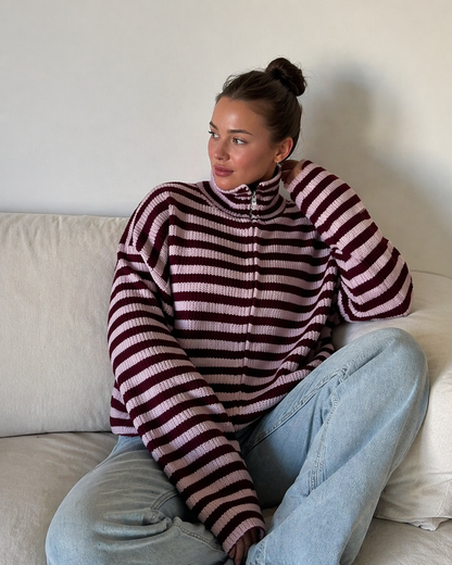 Women's Striped Knit Funnel Neck Zip Jacket