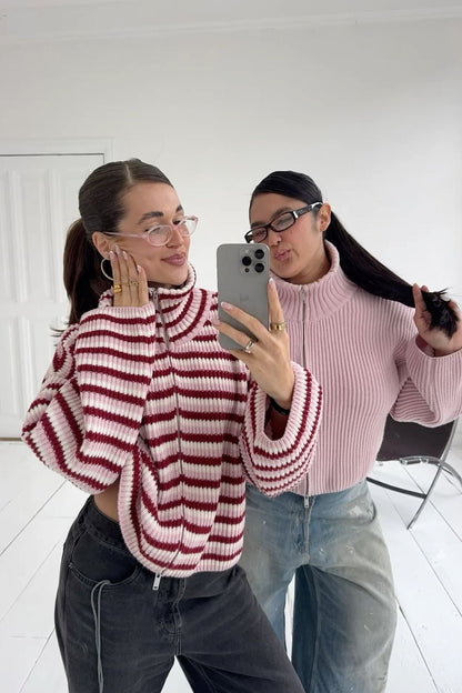 Women's Striped Knit Funnel Neck Zip Jacket With Pockets