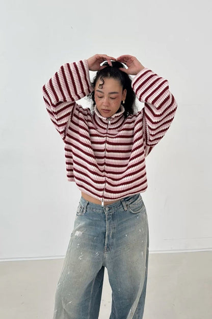 Women's Striped Knit Funnel Neck Zip Jacket With Pockets