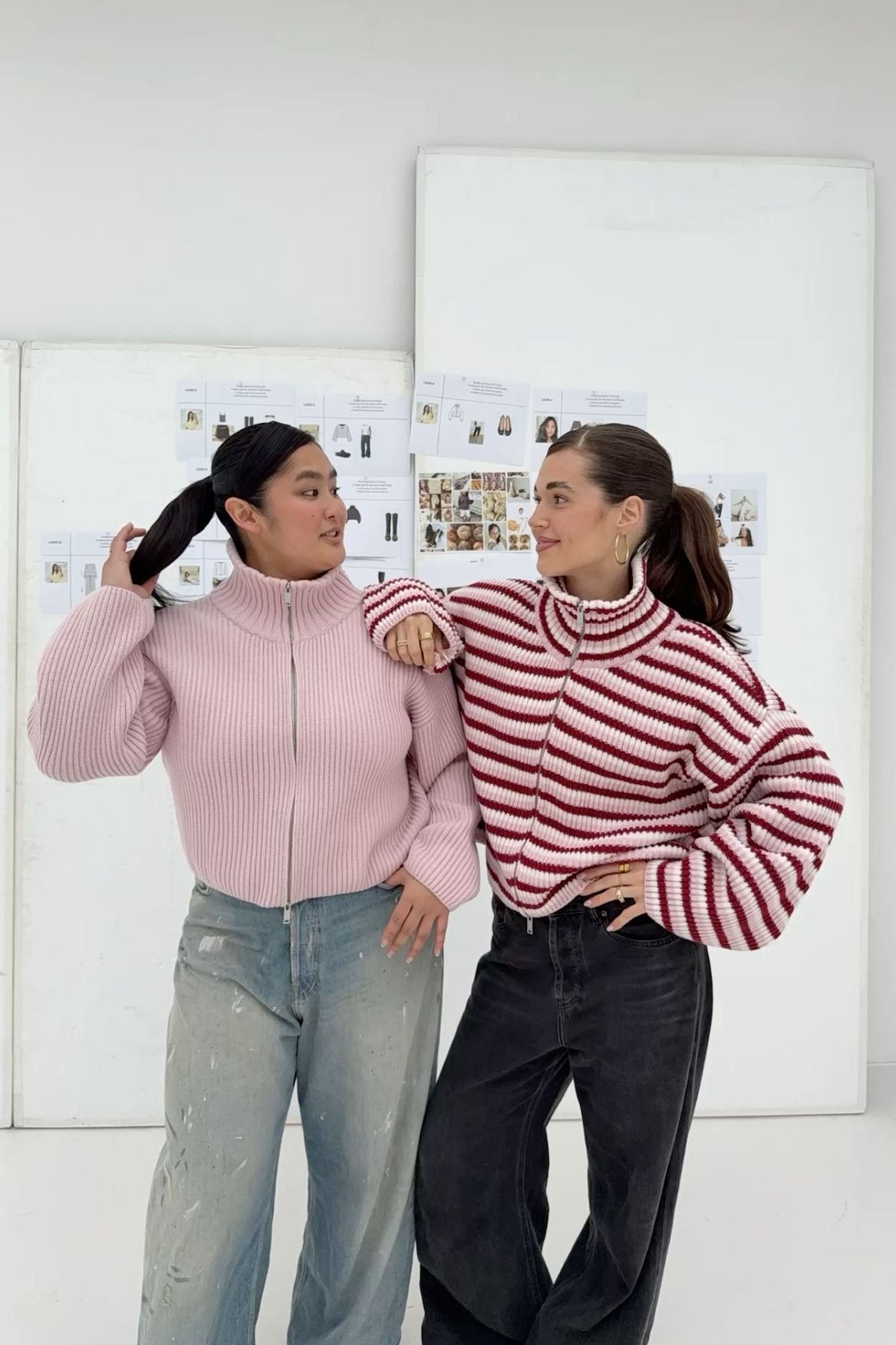 Women's Striped Knit Funnel Neck Zip Jacket With Pockets